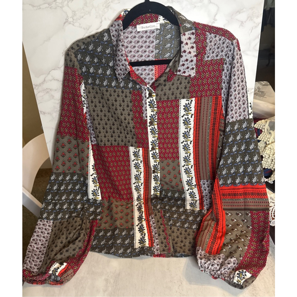 Women's Bucketlist Patchwork Button Down Shirt Red Olive Green - Picture 1 of 3